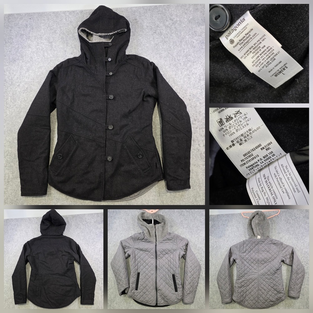 Patagonia Felted‎ Jacket Womens Large Black Wool Hooded Reversible Quilted 27410